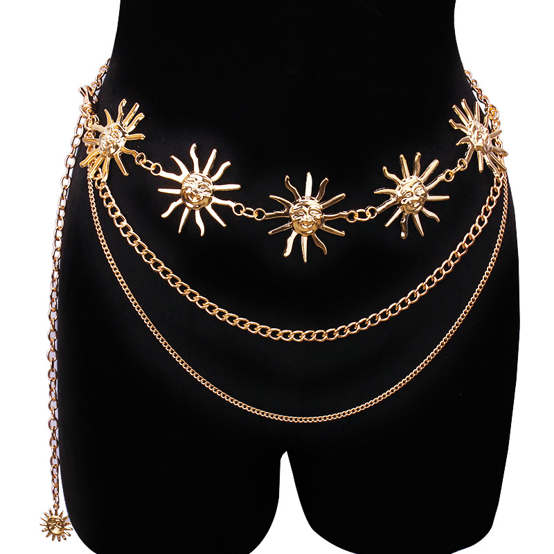 Body Jewelry Women - Klobige mehrschichtige Punk-Gothic-Mond-Sonnen-Taillenkette, Metall-Taillengürtel für Frauen,